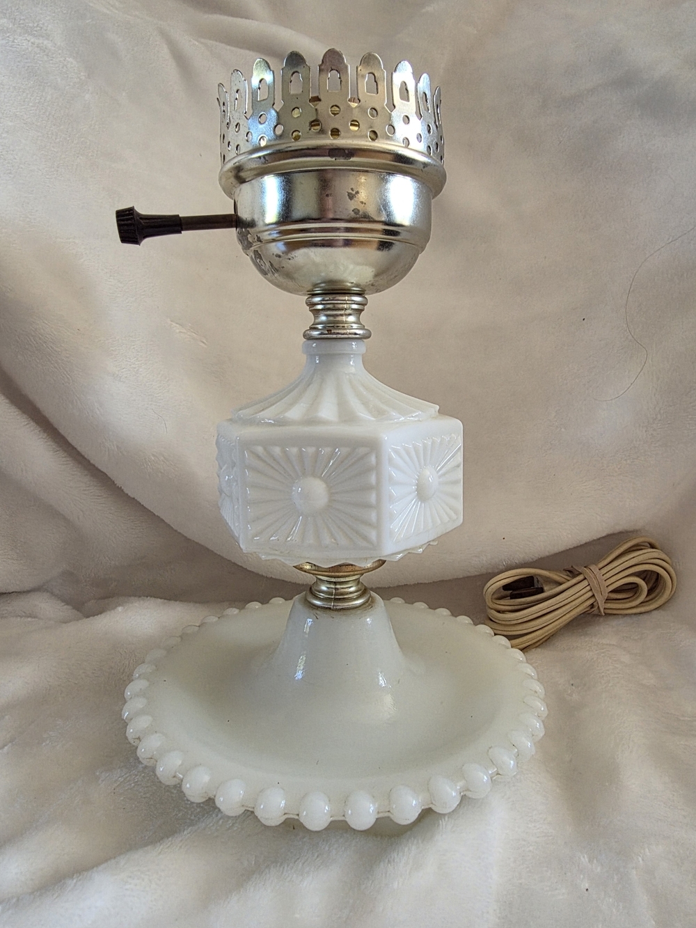 Vintage 1950s Milk Glass Lamp Base, Beaded Hobnail Catchall Dish & Sunburst Body